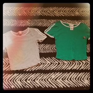 grey and tealish green crop tops